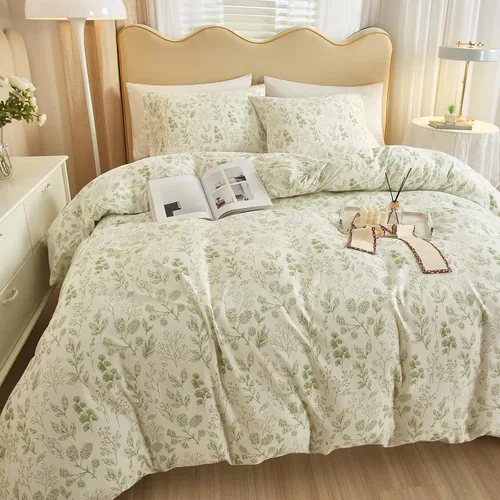 Vista 64 de Juego de funda de edredón blanca con estampado floral azul, juego de ropa de cama de algodón suave estilo bohemio, juego de ropa de cama estética