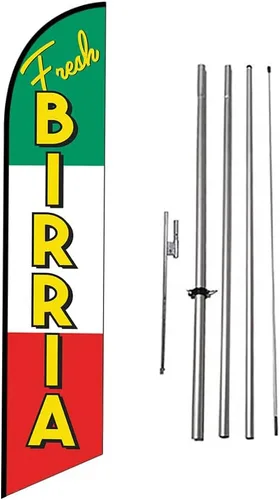 Vista 21 de Fresh Birria - Letrero de plumas publicitarias para restaurante mexicano con kit de poste de 15 pies y estaca para el suelo, tema negro/rojo/blanco