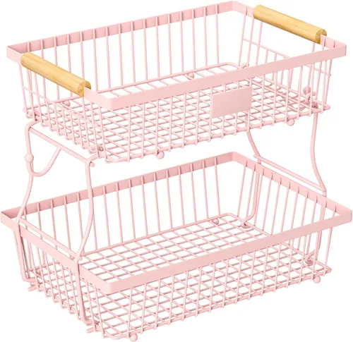 Vista 11 de Cesta de frutas de 2 niveles para encimera de cocina con 2 ganchos para plátanos, cesta de pan de metal para encimera con mango de madera, soporte