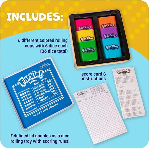 Vista 3 de El juego de dados Farkle Deluxe incluye 36 dados coloridos, 6 cubiletes, bandeja de lanzamiento y hojas de puntuación. El clásico juego de dados