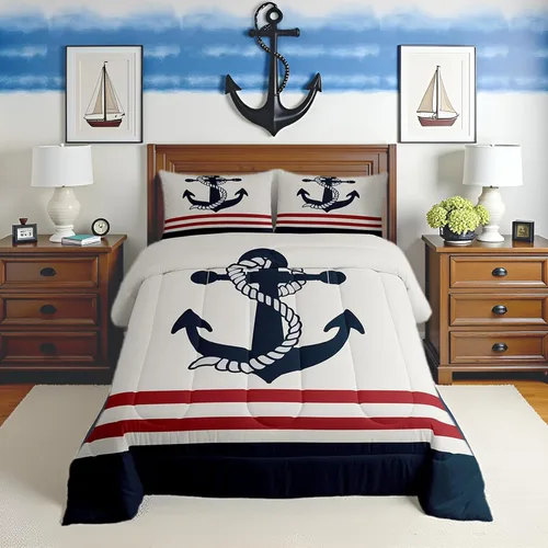 Vista 29 de Juego de edredón de brújula azul marino, tamaño individual, 2 piezas, diseño náutico de vela, estilo simple, para niños, adolescentes, adultos