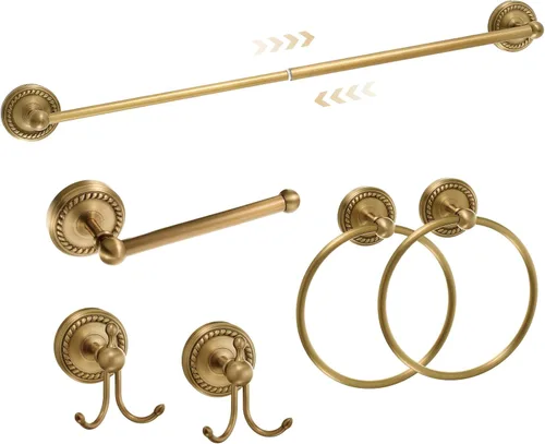 Vista 8 de Juego de 4 Piezas de Accesorios de Baño de Latón Antiguo Dorado Montados en la Pared Toallero y Anillo para Toallas y Portapapel Higiénico y Gancho