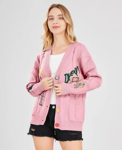 Vista 4 de Cárdigan de punto trenzado para mujer, manga larga, frente abierto, con cuello en V, con botones, bordado de mezcla de lana, abrigo para exteriores