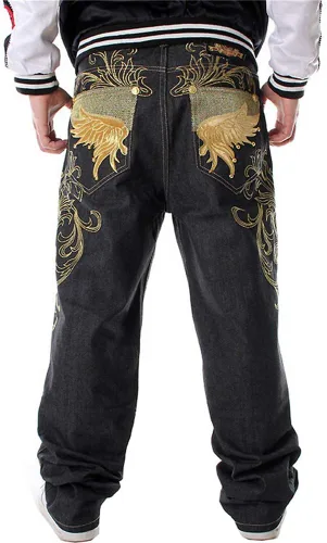 Vista 2 de LUOBANIU Pantalones vaqueros holgados negros para hombre, estilo hip hop, ajuste holgado, estilo vintage de los años 90, pantalones de mezclilla