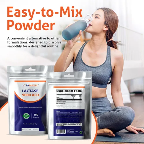 Vista 3 de Vitamatic Polvo de enzima lactasa – 9000 ALU por porción – 180 porciones – Apoya la digestión de lactosa, sin OMG, sin gluten