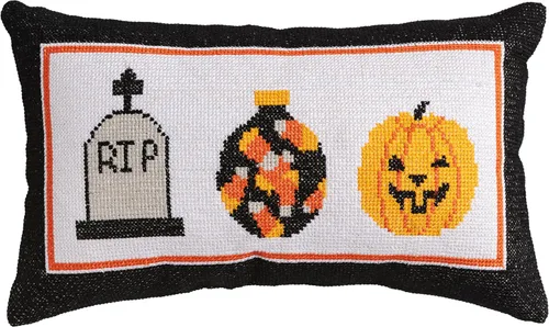 Vista 10 de Mud Pie Almohada de Halloween, almohada bordada Happy Halloween Naranja
