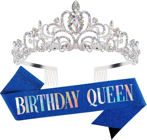 Vista 18 de Velscrun Tiara - Corona de Reina de Cumpleaños con Diamantes de Imitación y Banda Tiara de cumpleaños 27