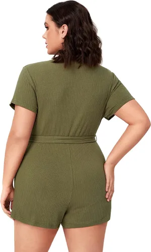 Vista 2 de WDIRARA Women's Plus Size Deep V Neck Wrap Belted Rib Knit Romper Shorts