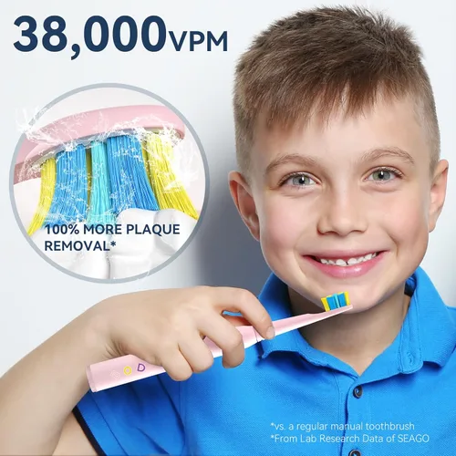 Vista 7 de SEAGO Cepillo de dientes eléctrico para niños, cepillos de dientes recargables de cerdas suaves sónicos con calcomanías de bricolaje, 5 modos