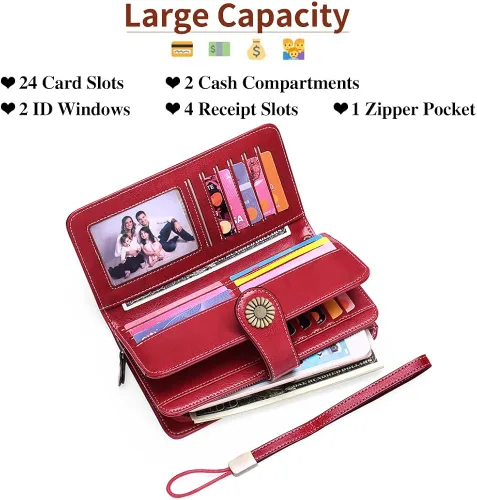 Vista 3 de SENDEFN - Billeteras de cuero genuino para mujer con tarjetero y bloqueo RFID, de gran capacidad y con correa para la muñeca
