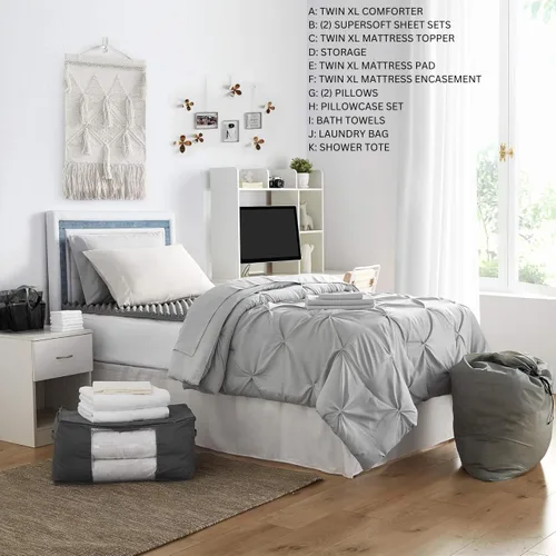Vista 3 de DormCo Paquete de ropa de cama para dormitorio universitario – Cama individual XL en una bolsa – Pin Tuck Glacier Gray Color Set