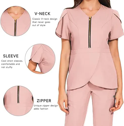 Vista 2 de niaahinn Conjunto de ropa quirúrgica elástica con cuello en V y pantalones quirúrgicos, uniforme médico para enfermeras, trabajo para mujeres