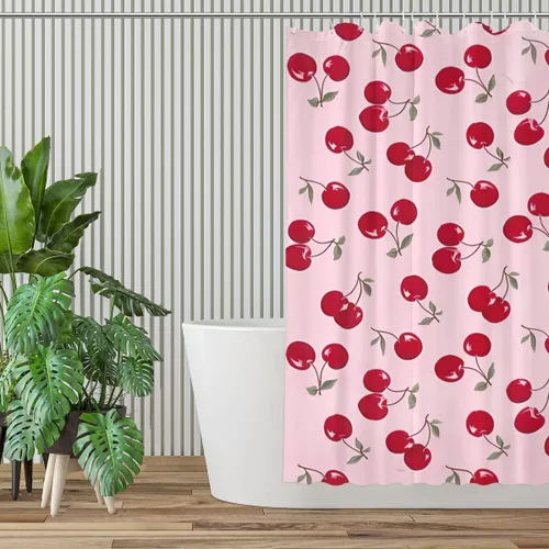 Vista 2 de KOMIKU Juego de cortina de ducha estética de frutas con diseño floral de cereza rosa, decoración de baño de frutas de verano, de poliéster, lona