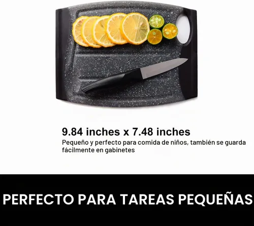 Vista 2 de Mini tabla de cortar, plástico de 7.48 pulgadas, bordes antideslizantes, múltiples ranuras para jugos, apta para lavavajillas, sin BPA, mango