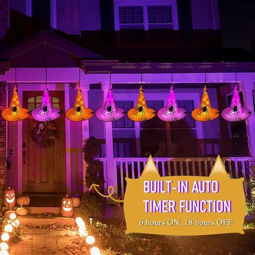 Vista 6 de WATERGLIDE Decoraciones de Halloween, 8 sombreros de bruja colgantes iluminados, con 8 modos de iluminación, cadena de luces de Halloween de 16