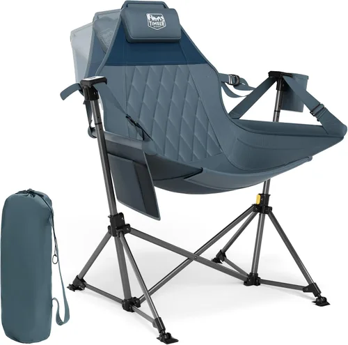 Vista 14 de TIMBER RIDGE Silla de camping tipo hamaca, silla hamaca oscilante de gran tamaño con respaldo y asiento ajustables para césped al aire libre, Negro