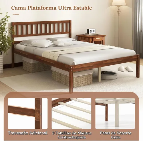 Vista 3 de KOMFOTT Base de cama de plataforma de madera de tamaño completo con cabecero, marco de cama de madera de mediados de siglo de 16 pulgadas