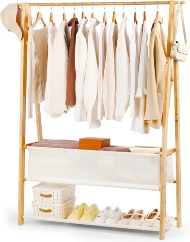 Vista 9 de Perchero de bambú con caja de almacenamiento y estante de almacenamiento, perchero portátil extra grande para ropa, armario plegable para entrada