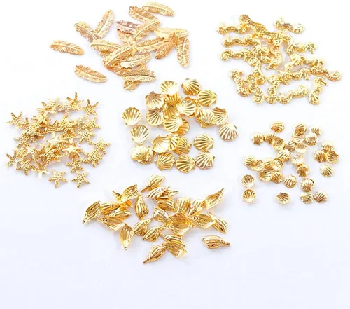 Vista 2 de Calcomanías de metal 3D para uñas, 12 formas, purpurina holográfica y lentejuelas, kit de suministros de arte dorado, caballito de mar, hojas
