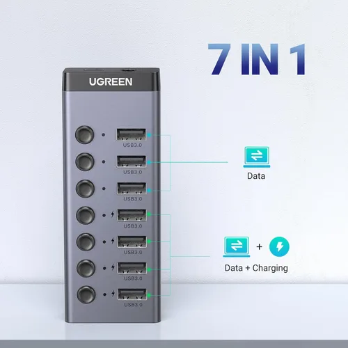Vista 2 de UGREEN - Hub USB 3.0, adaptador USB de 7 puertos con 4 puertos de carga inteligente, divisor USB con interruptores individuales de encendido/apagado