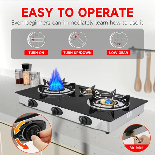 Vista 4 de Cocina de gas propano, estufa de gas de 3 quemadores portátil, vidrio templado de 0.28 pulgadas, encendido automático, 3 quemadores GLP para RV