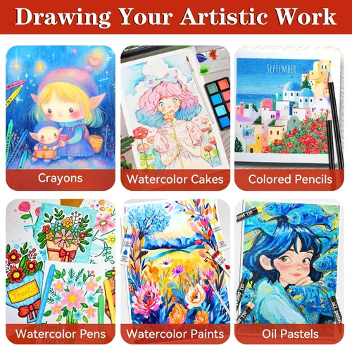 Vista 5 de POPYOLA Suministros de arte, juego de arte de lujo de 269 piezas con 6 blocs de dibujo, pinturas de acuarela, crayones y lápices