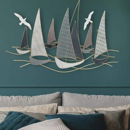 Vista 8 de WHW Whole House Worlds Veleros rústicos de regata, arte moderno abstracto, dorado, azul, gris y blanco, metal envejecido, escultura de pared, 42.5