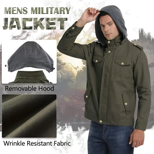 Vista 2 de Chaqueta militar para hombre, casual, de algodón, ligera, rompevientos con capucha extraíble
