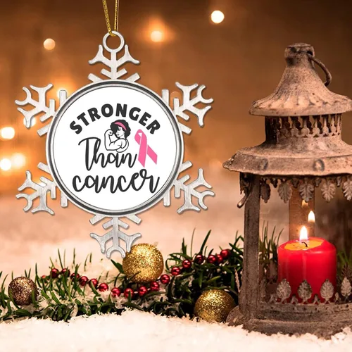 Vista 3 de Adorno colgante de Navidad Stronger Than Cancer Brest Cancer Awareness Metal Copo de nieve Adornos de Navidad Recuerdo Rosa Sobreviviente de Cáncer
