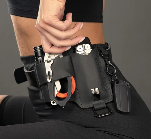 Vista 6 de Funda EDC multiherramienta para cinturón - Funda compacta para cuchillo y linterna para uso diario - Funda Leatherman para hombres - Organizador