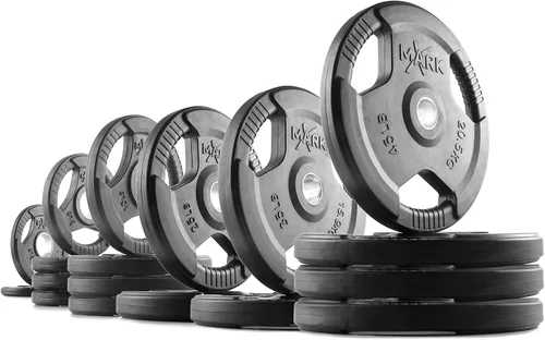 Vista 6 de XMARK TRI-GRIP - Par o juego de discos de peso olímpicos, pesas de ejercicio con revestimiento de goma para barra olímpica, juego de pesas de 01)