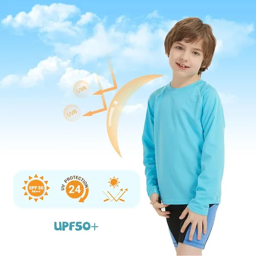 Vista 2 de QBK Camiseta de natación de manga larga para niños, protección solar UV, protección contra erupciones, UPF50+, traje de baño de surf para niños