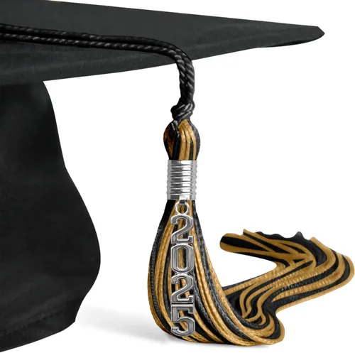 Vista 4 de Endea Graduation Borla mixta de doble color con gota de fecha apilada plateada (negro/oro antiguo, 2025)