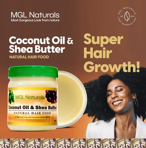 Vista 2 de MGL Naturals Aceite de Coco y Manteca de Karité Alimento Natural para el Cabello elaborado con ingredientes orgánicos. Nutre e hidrata el cabello.