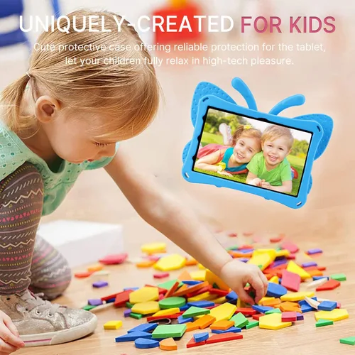 Vista 3 de FW Fire 7 - Funda para tablet para niños, Amazon Fire 7 2022, funda de mariposa con luz de atril, EVA, protección contra caídas, resistente, a