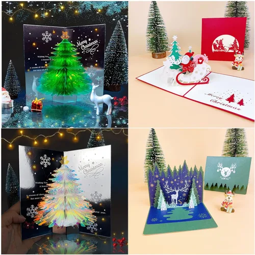 Vista 2 de Tarjeta desplegable 3D única de árbol de Navidad, tarjeta de felicitación con purpurina para árbol de Navidad, tarjeta tridimensional de cristal