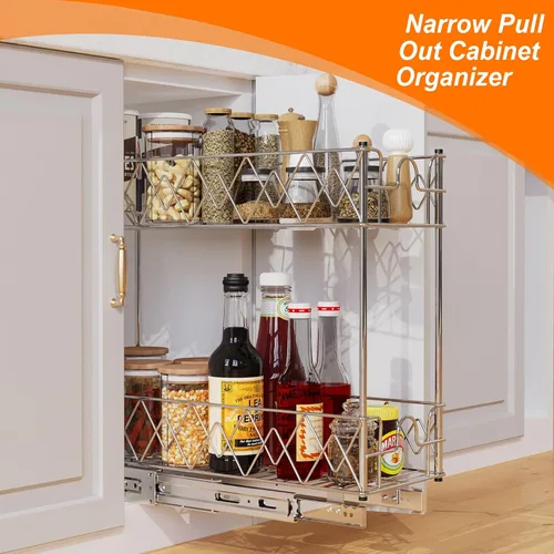 Vista 4 de Organizador estrecho de gabinete extraíble – 7 pulgadas de ancho x 21 pulgadas de profundidad, 2 niveles para cajones de cocina, estantes