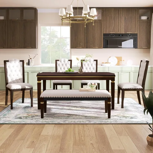 Vista 18 de Elegante juego de mesa de comedor de cocina de 6 piezas, mesa rectangular de madera y 4 sillas copetudas de respaldo alto y 1 banco, juego de mesa