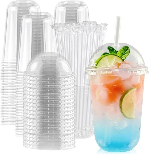 Vista 10 de Qsqwsuye Juego de 50 vasos desechables de plástico transparente de 12 onzas con tapas de cúpula y pajitas, vasos de plástico duraderos para fiestas
