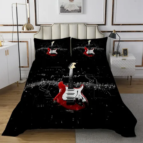 Vista 9 de Homewish Colcha de guitarra roja tamaño individual, juego de ropa de cama de música Hip Pop para decoración de habitación de niños y niñas, juego