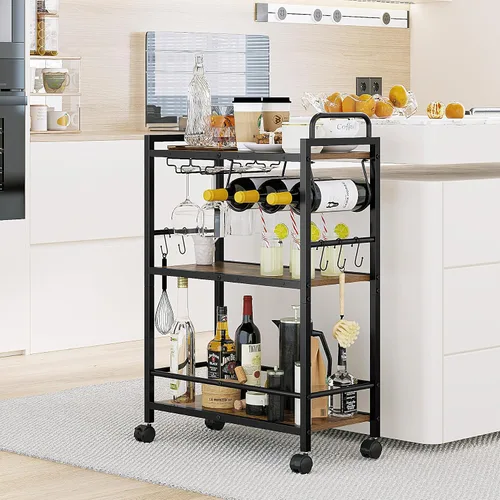 Vista 3 de Carrito de Servicio para Bar Doméstico, Carrito de Servicio con Ruedas y Mango, Carrito de Cocina Rodante de 3 Niveles, Carrito para Microondas