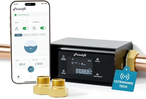 Vista 10 de Frizzlife LP365 Monitor de agua inteligente de 1.25 pulgadas y apagado automático, detección ultrasónica de micro fugas de 0.01 GPM, control remoto