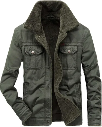 Vista 5 de Chaqueta de algodón para hombre, con forro polar, cálida, color sólido, casual, con broches de presión, con múltiples bolsillos