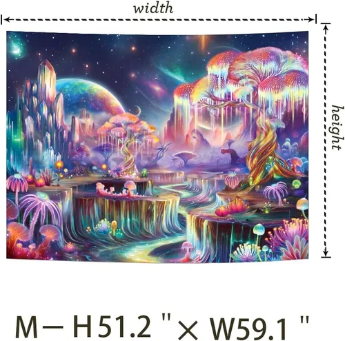 Vista 6 de Obsecolors - Tapiz de luz negra con árbol de la vida de fantasía, tapiz reactivo a los rayos UV, tapices del espacio galáctico, tapices de plantas