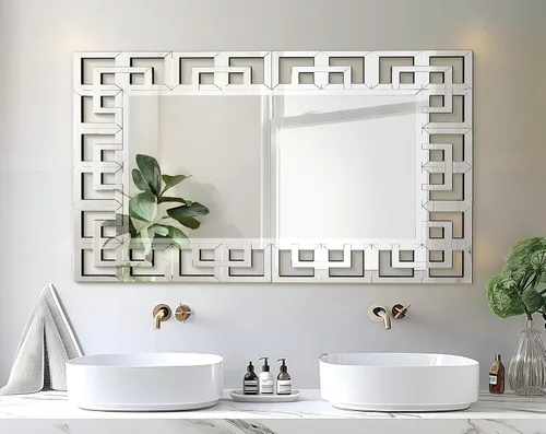 Vista 2 de Espejo de plata griego montado en la pared: marco de cristal biselado 40x28 pulgadas Decoración decorativa de pared con espejo para el hogar