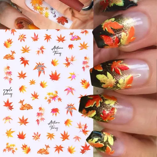 Vista 5 de 6 calcomanías de arte de uñas de otoño, calcomanías de uñas con láser 3D, calcomanías brillantes para uñas, diseño de hojas de arce doradas