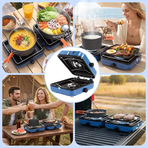Vista 7 de Hisencn Camping Stove 2 Burner Foldable Propane Camping Stove with Cookware