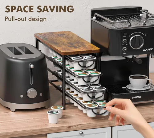 Vista 5 de HFHOME Soporte para cápsulas de café con parte superior de madera, compatible con K-Cups, cajón de almacenamiento de cápsulas de café de 4 niveles