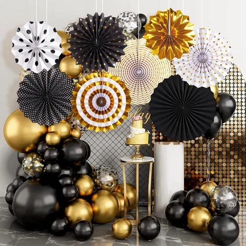 Vista 5 de SUNBEAUTY Abanicos de papel dorados y negros para fondo de fiesta de té, boda, primavera, cumpleaños, aula, baby shower, Halloween, decoración