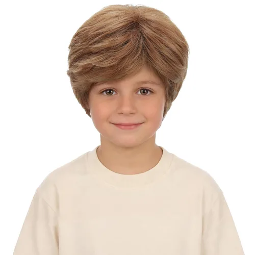Vista 9 de Peluca marrón para niños, peluca corta recta marrón oscuro para niños, resistente al calor, pelo sintético con gorra